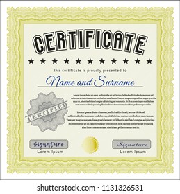 Yellow Certificate of achievement. Customizable, Easy to edit and change colors. With guilloche pattern and background. Artistry design. 