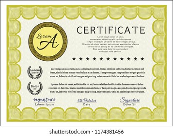 Yellow Certificate of achievement. Detailed. With complex linear background. Artistry design. 