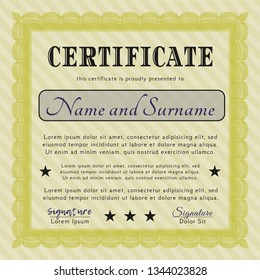 Yellow Certificate of achievement. Detailed. With guilloche pattern and background. Excellent design. 