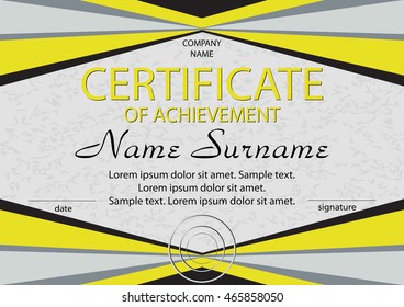 Yellow certificate of achievement or diploma. Reward. Winning the competition. Award winner. Vector illustration. The text on separate layer.