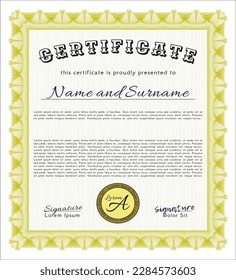 Yellow Certificate of achievement.  Elegant design.  With guilloche pattern.  Customizable, Easy to edit and change colors. 