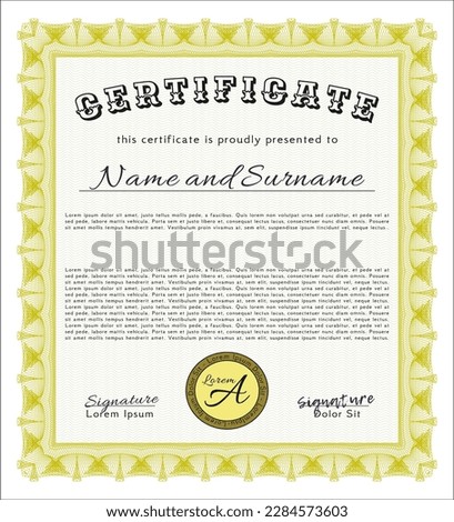 Yellow Certificate of achievement.  Elegant design.  With guilloche pattern.  Customizable, Easy to edit and change colors. 