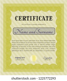 Yellow Certificate of achievement. Good design. Detailed. With guilloche pattern and background. 