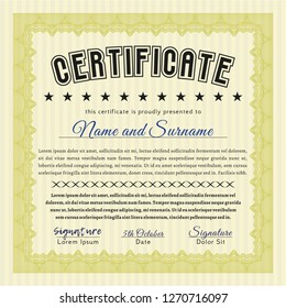 Yellow Certificate of achievement. With great quality guilloche pattern. Detailed. Modern design. 