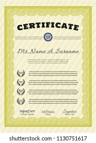 Yellow Certificate of achievement. With guilloche pattern and background. Vector illustration. Superior design. 