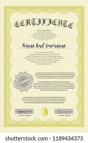 Yellow Certificate of achievement. With guilloche pattern and background. Superior design. Customizable, Easy to edit and change colors. 