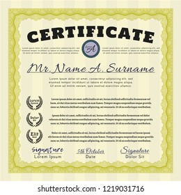 Yellow Certificate of achievement. With guilloche pattern and background. Excellent design. Vector illustration. 