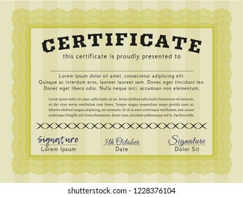 Yellow Certificate of achievement. With guilloche pattern and background. Customizable, Easy to edit and change colors. Money Pattern design. 