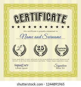 Yellow Certificate of achievement. With guilloche pattern and background. Money Pattern design. Vector illustration. 