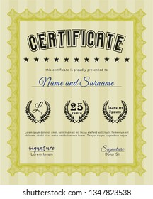Yellow Certificate of achievement. With guilloche pattern. Detailed. Lovely design. 