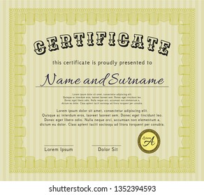Yellow Certificate of achievement. With guilloche pattern. Customizable, Easy to edit and change colors. Money Pattern. 
