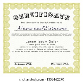 Yellow Certificate of achievement. With guilloche pattern and background. Vector illustration. Good design. 