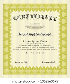 Yellow Certificate of achievement. With guilloche pattern and background. Customizable, Easy to edit and change colors. Money style design. 