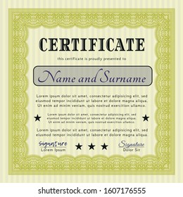 Yellow Certificate of achievement. With guilloche pattern and background. Vector illustration. Good design. 