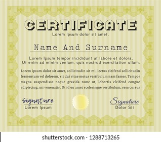 Yellow Certificate of achievement. With linear background. Vector illustration. Money style design. 