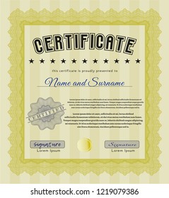 Yellow Certificate of achievement. Modern design. Detailed. With guilloche pattern. 