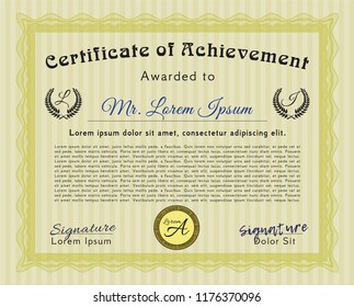 Yellow Certificate of achievement. Money Pattern design. Detailed. With linear background. 