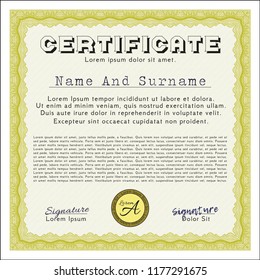 Yellow Certificate of achievement. Money Pattern design. Detailed. Printer friendly. 