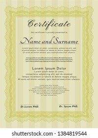 Yellow Certificate of achievement. Money Pattern. With guilloche pattern. Detailed. 