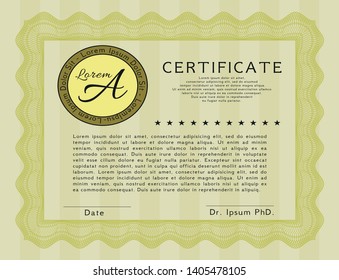 Yellow Certificate of achievement. Money Pattern design. Printer friendly. Vector illustration. 