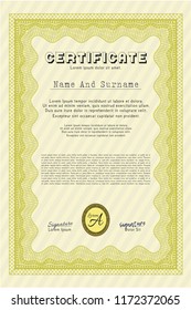 Yellow Certificate of achievement. Nice design. With guilloche pattern and background. Vector illustration. 