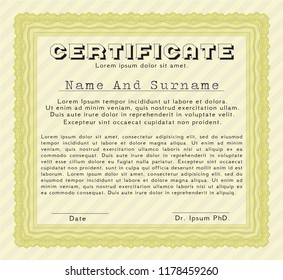 Yellow Certificate of achievement. Nice design. With great quality guilloche pattern. Vector illustration. 
