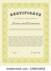 Yellow Certificate of achievement. Printer friendly. Detailed. Cordial design. 
