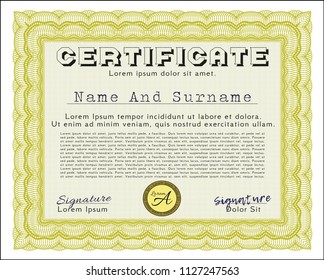 Yellow Certificate of achievement. With quality background. Superior design. Detailed. 