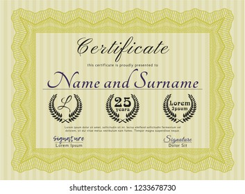 Yellow Certificate of achievement. With quality background. Vector illustration. Money style design. 