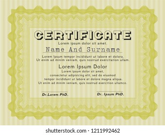 Yellow Certificate of achievement. Sophisticated design. With guilloche pattern and background. Customizable, Easy to edit and change colors. 