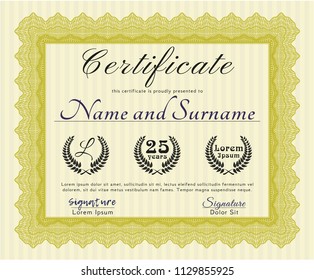 Yellow Certificate of achievement template. Artistry design. Customizable, Easy to edit and change colors. Complex background. 