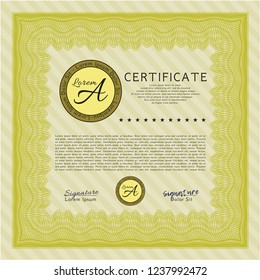 Yellow Certificate of achievement template. Artistry design. Detailed. Printer friendly. 