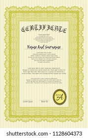 Yellow Certificate of achievement template. With background. Money Pattern. Customizable, Easy to edit and change colors. 
