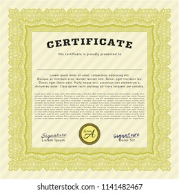Yellow Certificate of achievement template. With background. Detailed. Money Pattern design. 