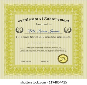 Yellow Certificate of achievement template. With background. Good design. Vector illustration. 