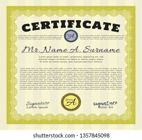 Yellow Certificate of achievement template. With background. Detailed. Sophisticated design. 