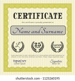 Yellow Certificate of achievement template. With complex background. Money style design. Detailed. 