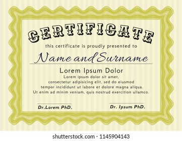 Yellow Certificate of achievement template. With complex linear background. Money design. Customizable, Easy to edit and change colors. 