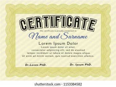 Yellow Certificate of achievement template. With complex background. Cordial design. Detailed. 