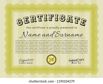 Yellow Certificate of achievement template. Complex background. Detailed. Excellent design. 