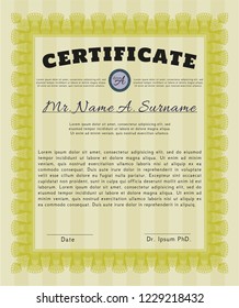Yellow Certificate of achievement template. Complex background. Money Pattern. Vector illustration. 