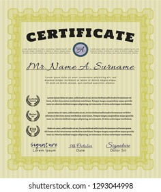 Yellow Certificate of achievement template. With complex linear background. Vector illustration. Money style design. 