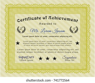 Yellow Certificate of achievement template. With complex linear background. Lovely design. Customizable, Easy to edit and change colors. 