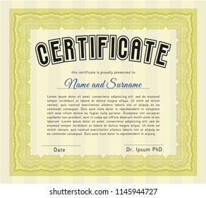 Yellow Certificate of achievement template. Cordial design. With linear background. Detailed. 