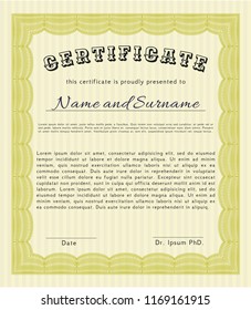 Yellow Certificate of achievement template. Cordial design. With complex background. Vector illustration. 