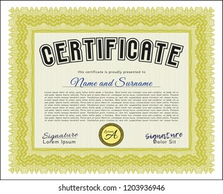 Yellow Certificate of achievement template. Customizable, Easy to edit and change colors. With complex linear background. Perfect design. 