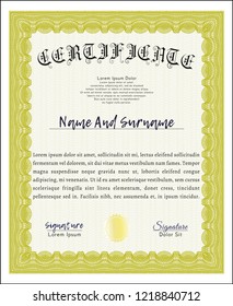 Yellow Certificate of achievement template. Customizable, Easy to edit and change colors. With complex linear background. Lovely design. 