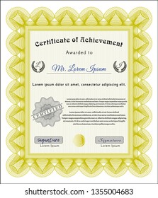 Yellow Certificate of achievement template. Customizable, Easy to edit and change colors. With background. Money style design. 