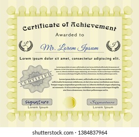 Yellow Certificate of achievement template. Customizable, Easy to edit and change colors. With linear background. Money style design. 