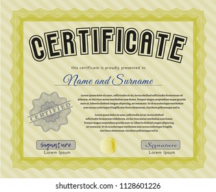 Yellow Certificate of achievement template. Detailed. With great quality guilloche pattern. Good design. 
